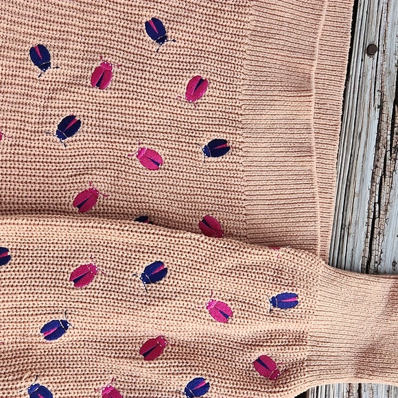 Maeve Elliana Embroidered Mutton Sleeve Sweater Sand Large Ladybug Knit Fall - Picture 7 of 12